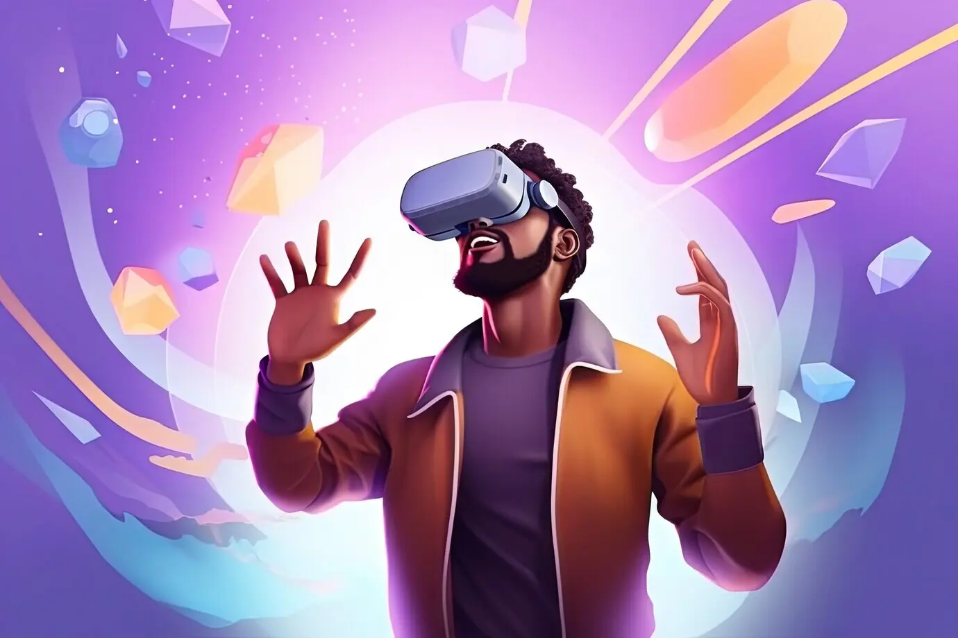 Мультяшный мужчина в очках виртуальной реальности.